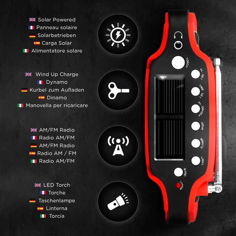 Duronic Apex Radio AM/FM | Mit Radiowecker und Taschenlampe | Aufladbar mit Solar, Kurbel und USB | 300mAh Akku | Bis zu 7h Musik mit voller Ladung | Ladefunktion für Handy | Notfallradio