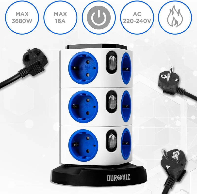 Duronic ET12L Mehrfachsteckdose | Steckdosenwürfel mit 3 USB Ports und touch-sensitives Nachtlicht | 12-Fach Steckdose 3680W 16A | Steckdosenleiste mit Überspannungsschutz | Steckerturm mit 1,8m Kabel