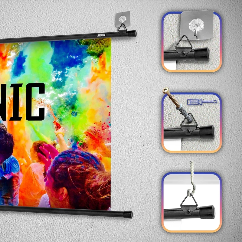 Duronic BPS60 16:9 Projektorleinwand, Beamerleinwand 60 Zoll, Heimkino mit 4K Full HD 3D, Rolloleinwand 1.0 Gain, Beamer Leinwand für Wandmontage, Filmnacht, Videoleinwand für Büro Schulen