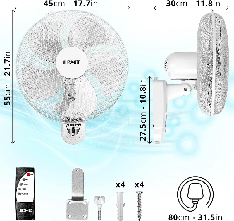 Duronic FN55 WE Wandventilator 60W | Durchmesser 40 cm | Ventilator mit Timer und Fernbedienung | 3 Geschwindigkeiten | Kompakter und leiser Raumventilator für die Wand | Oszillierender Wandlüfter