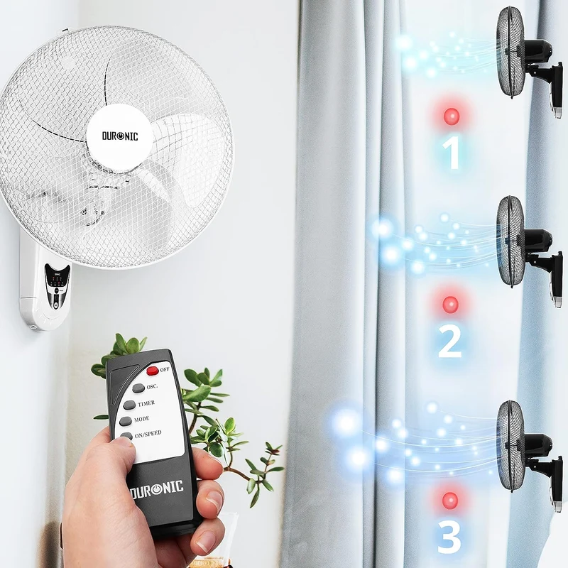 Duronic FN55 WE Wandventilator 60W | Durchmesser 40 cm | Ventilator mit Timer und Fernbedienung | 3 Geschwindigkeiten | Kompakter und leiser Raumventilator für die Wand | Oszillierender Wandlüfter