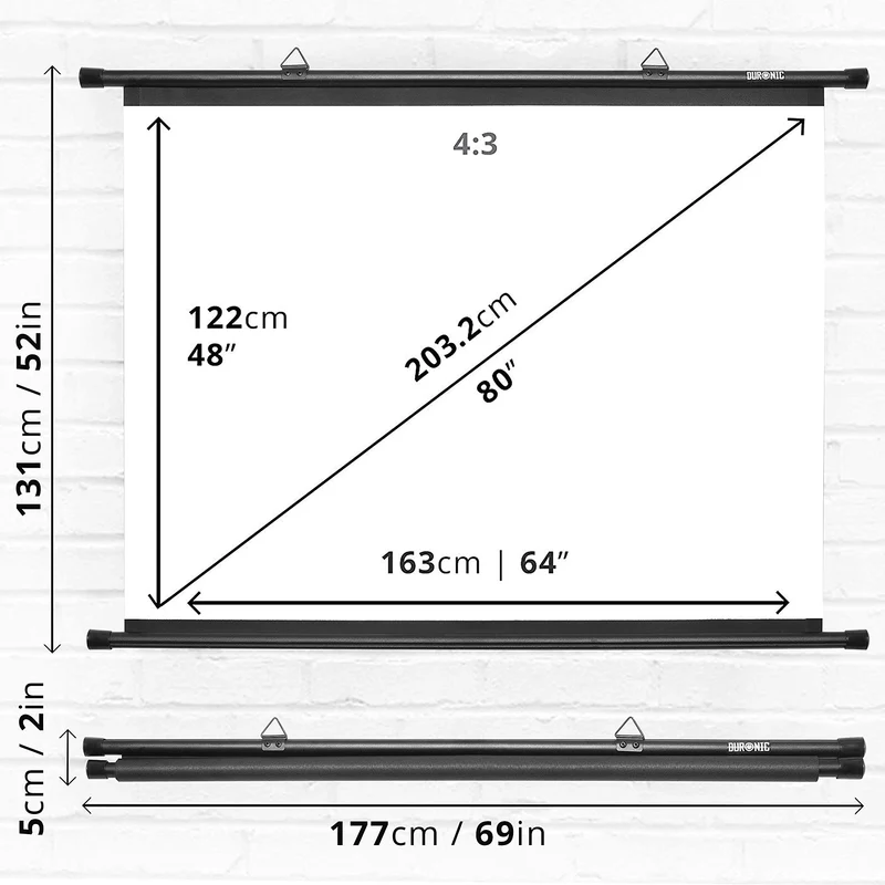 Duronic BPS80 4:3 Projektor-Leinwand, Beamer-Leinwand 80 Zoll, Heimkino mit 4K Full HD 3D, Rollo-Leinwand 1.0 Gain, Projektorleinwand für Wandmontage, Filmnacht, Videoleinwand für Büro Schulen