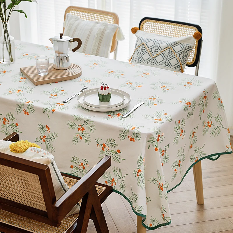 Rechteckige abwaschbare Baumwoll-Polyester Tischdecke mit kontrastierter Zierkante und botanischem Druck