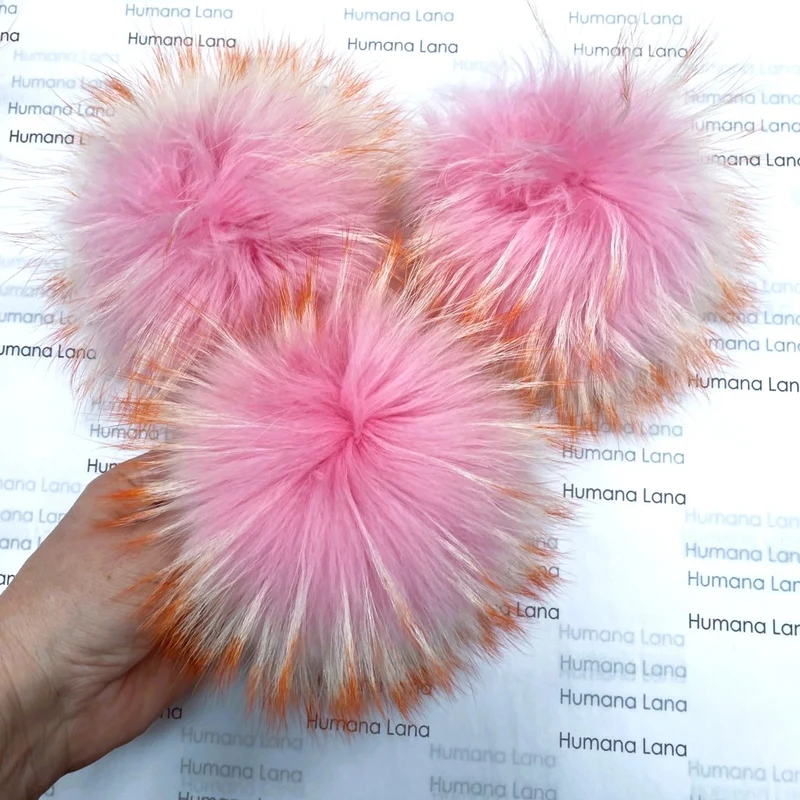 Pink fur pompom with orange tips, 17-18cm and larger