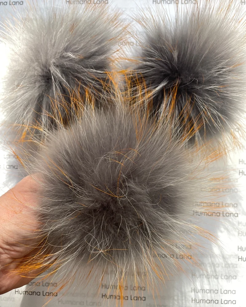 Grey fur pompom with orange tips, 17-18cm
