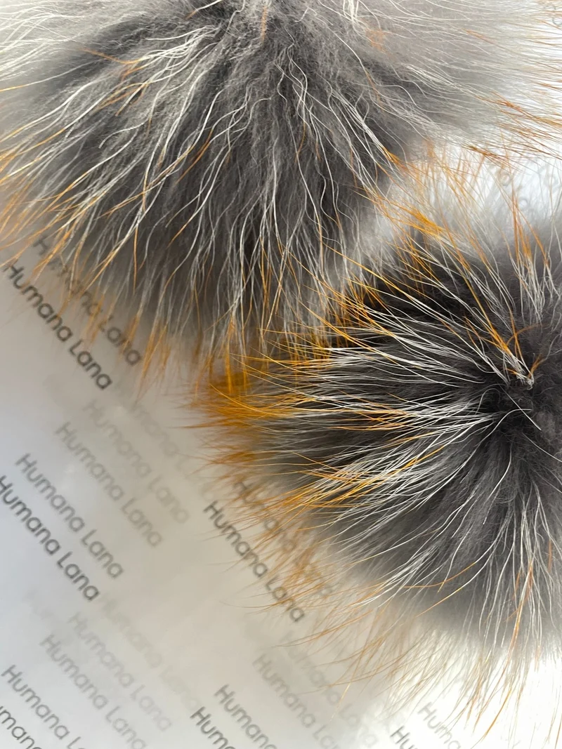 Grey fur pompom with orange tips, 17-18cm