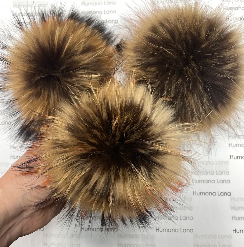 Natural brown fur pompom with orange tips, 17 to 20cm