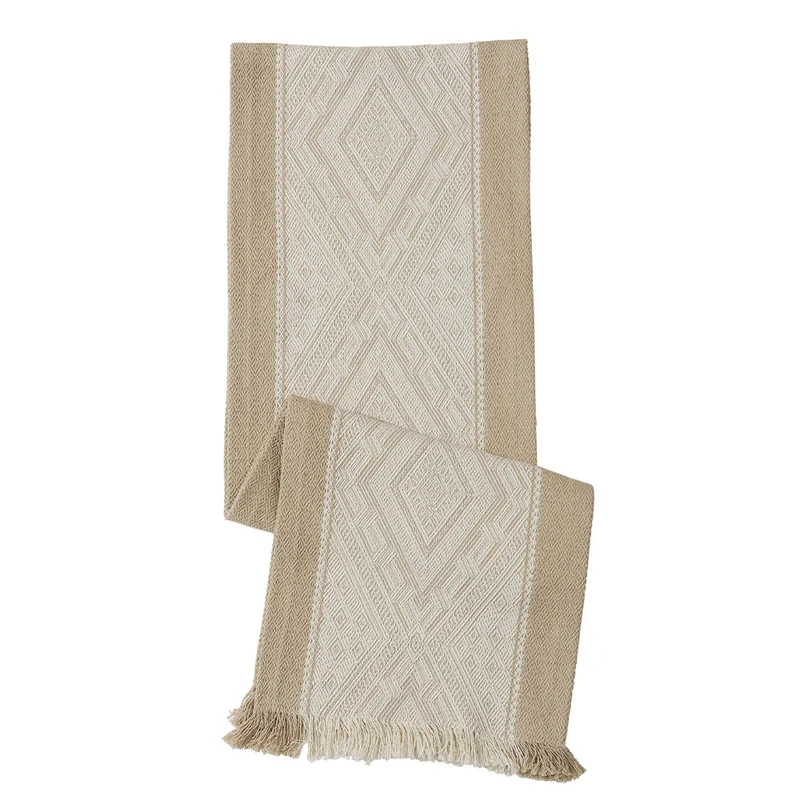 Handgewebter Tisch- und Konsolenläufer aus Baumwollmischgewebe mit geometrischem Diamantmuster und Fransen