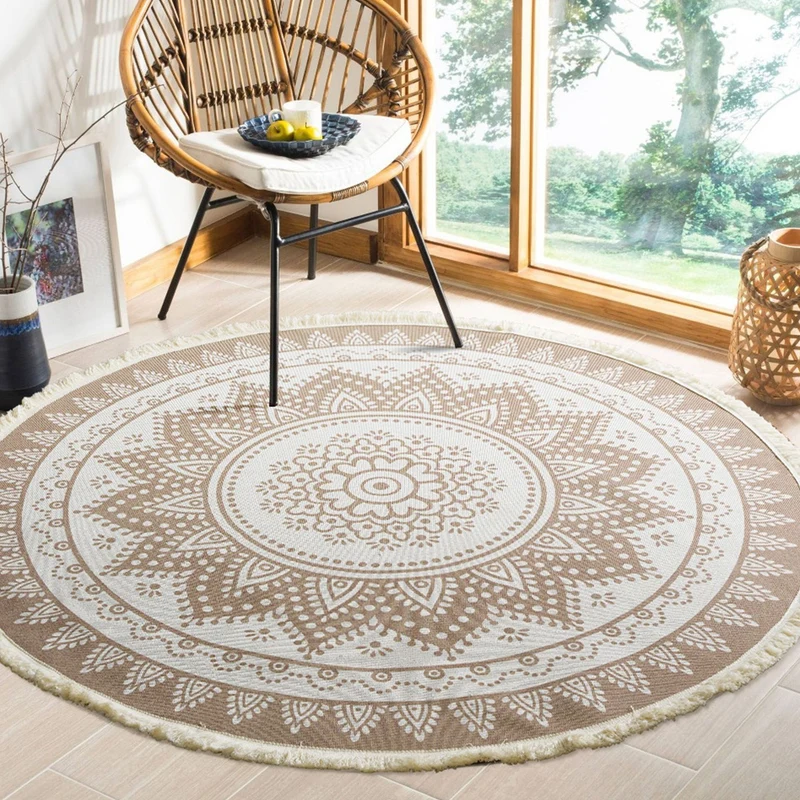 Runder Boho-Baumwollteppich mit Mandala‑Print und Fransenkante