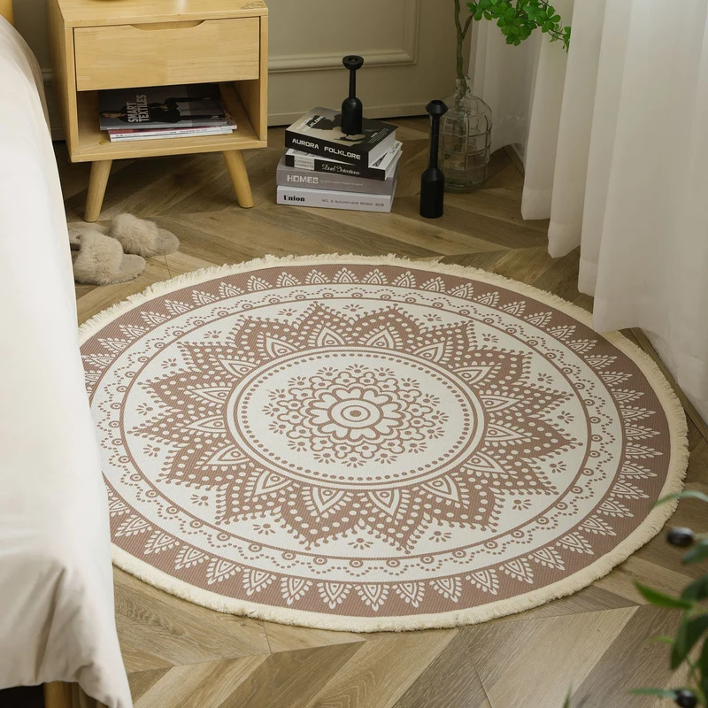 Runder Boho-Baumwollteppich mit Mandala‑Print und Fransenkante