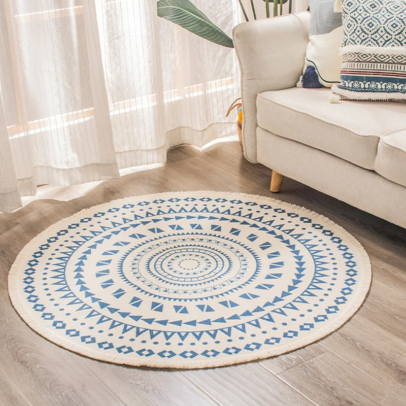 Runder Boho-Baumwollteppich mit Mandala‑Print und Fransenkante