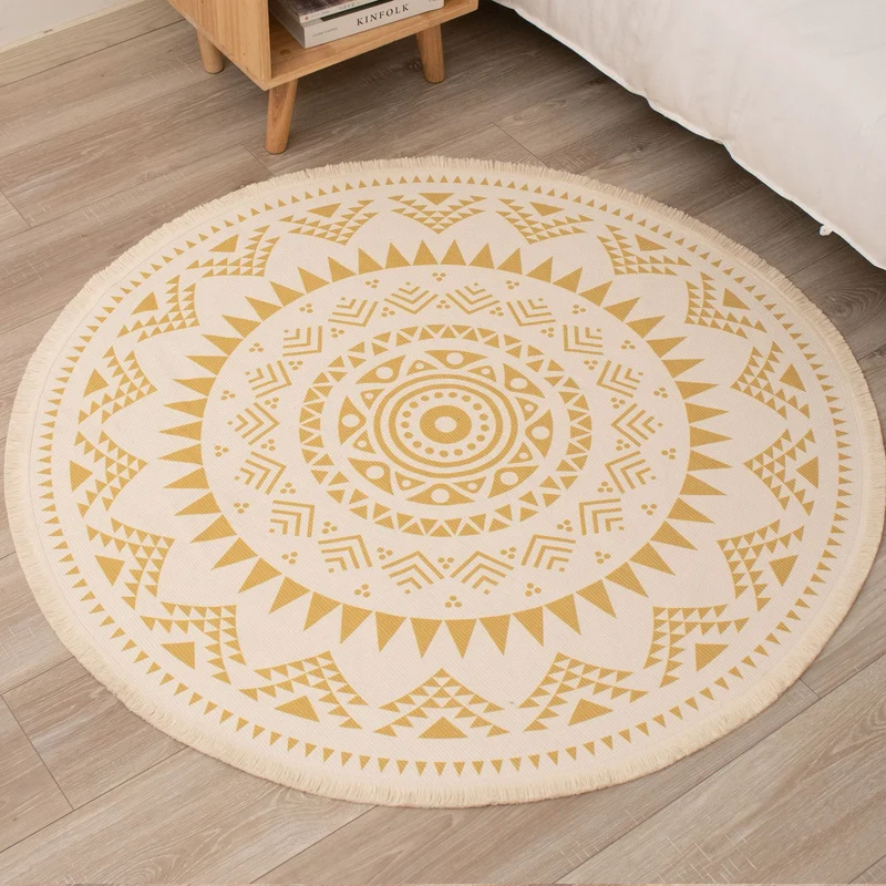 Runder Boho-Baumwollteppich mit Mandala‑Print und Fransenkante