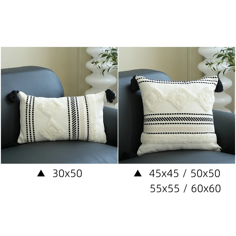 Rechteckiges gewebtes Lumbar-Dekokissen mit Tuft‑Diamanten und Quasten