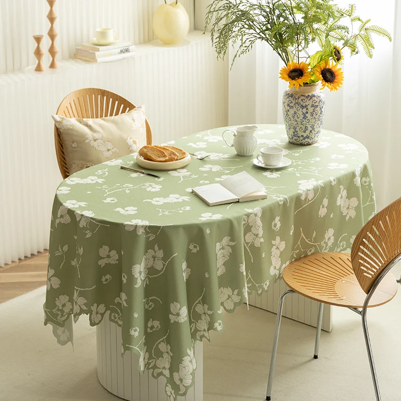 Rechteckige Tischdecke mit Olivenzweig‑Muster und gewelltem Saum