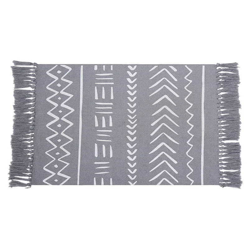 Flachgewebter Teppichläufer im Boho‑Mudcloth‑Design mit Baumwollfransen