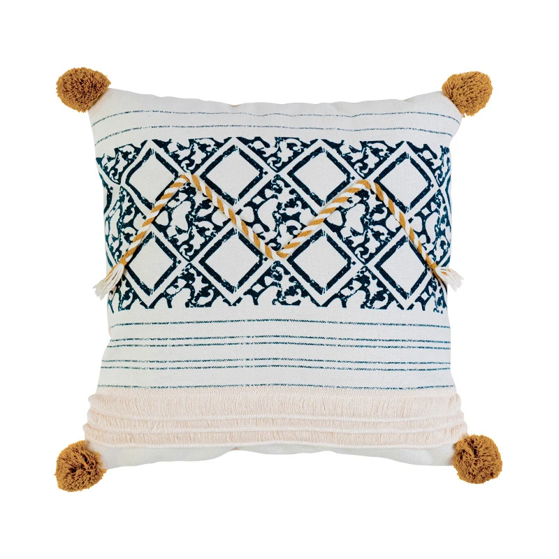 Quadratischer dekorativer Kissenbezug im Boho-Blockprint mit geflochtenen Quasten