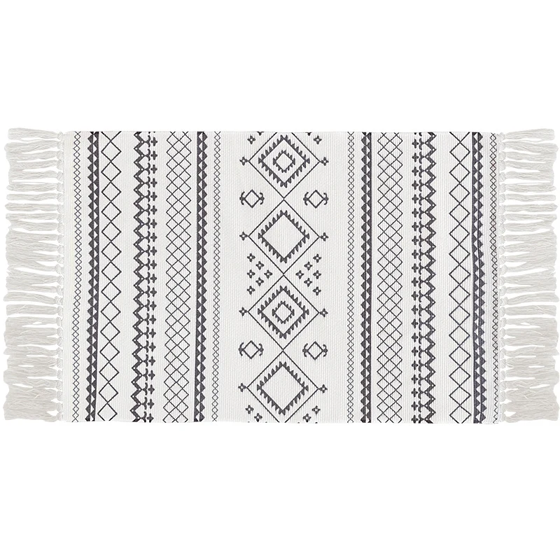 Flachgewebter Baumwollläufer mit Boho-Ethno-Muster und Fransenrand