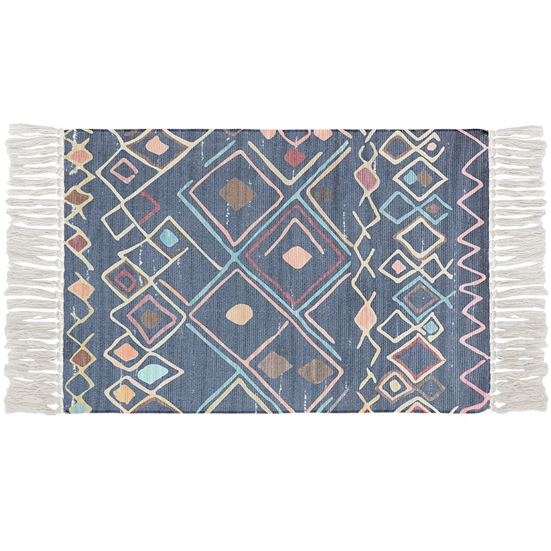 Flachgewebter Baumwollläufer mit Boho-Ethno-Muster und Fransenrand