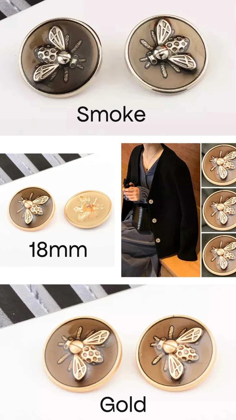 Round metal button with bee 18mm