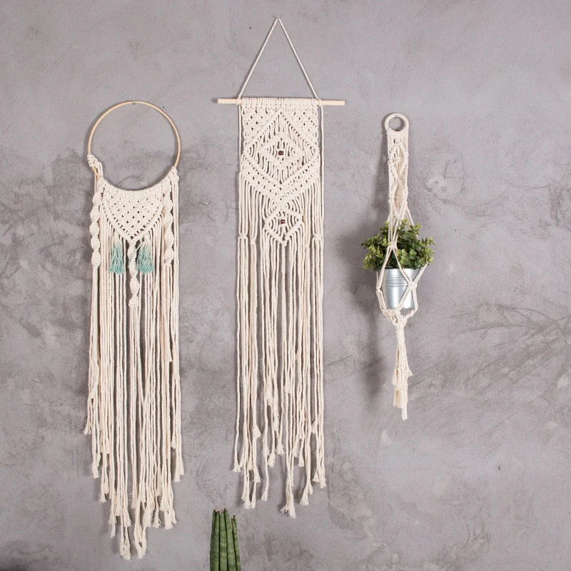 Makramé-Wandbehang-Set mit handgeknüpften Fransen und Boho-Sitzauflage