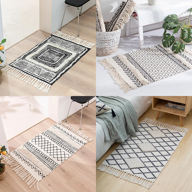 Flacher Boho-Teppichläufer aus Baumwollmischgewebe mit geometrischem Hexagon‑Tufting und dekorativem Fransenrand