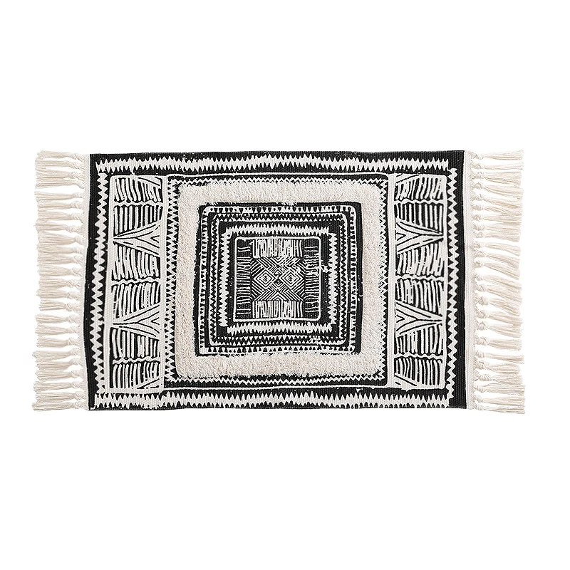 Flacher Boho-Teppichläufer aus Baumwollmischgewebe mit geometrischem Hexagon‑Tufting und dekorativem Fransenrand