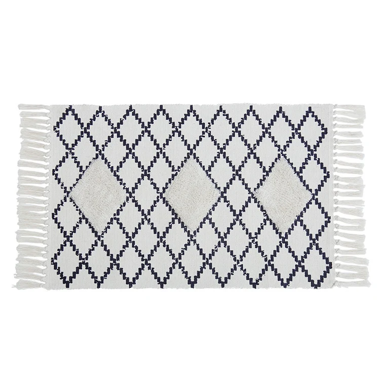 Flacher Boho-Teppichläufer aus Baumwollmischgewebe mit geometrischem Hexagon‑Tufting und dekorativem Fransenrand