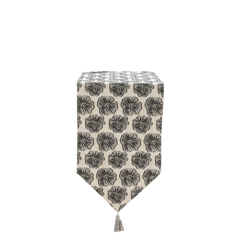 Eleganter Leinen-Tischläufer mit Quasten und dekorativem Druck