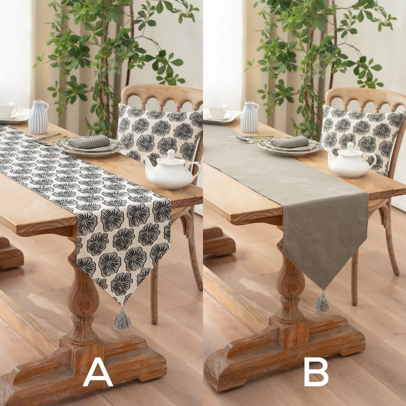Eleganter Leinen-Tischläufer mit Quasten und dekorativem Druck