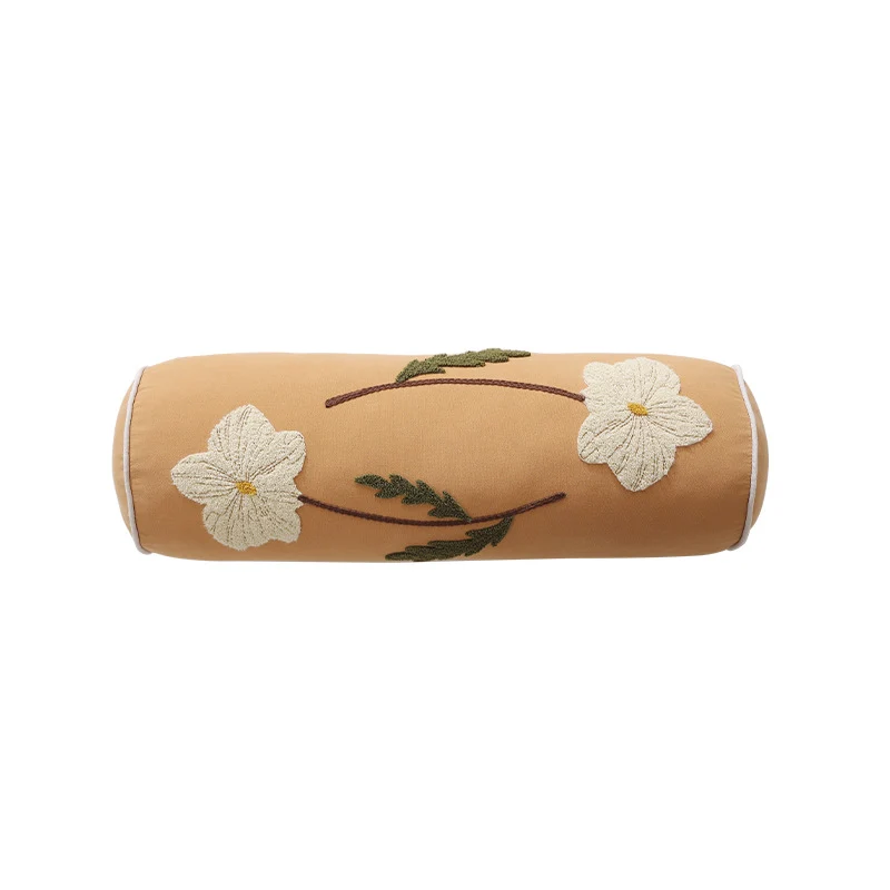 Bolster-Kissen mit handgesticktem Blumenmotiv und dekorativer Paspel