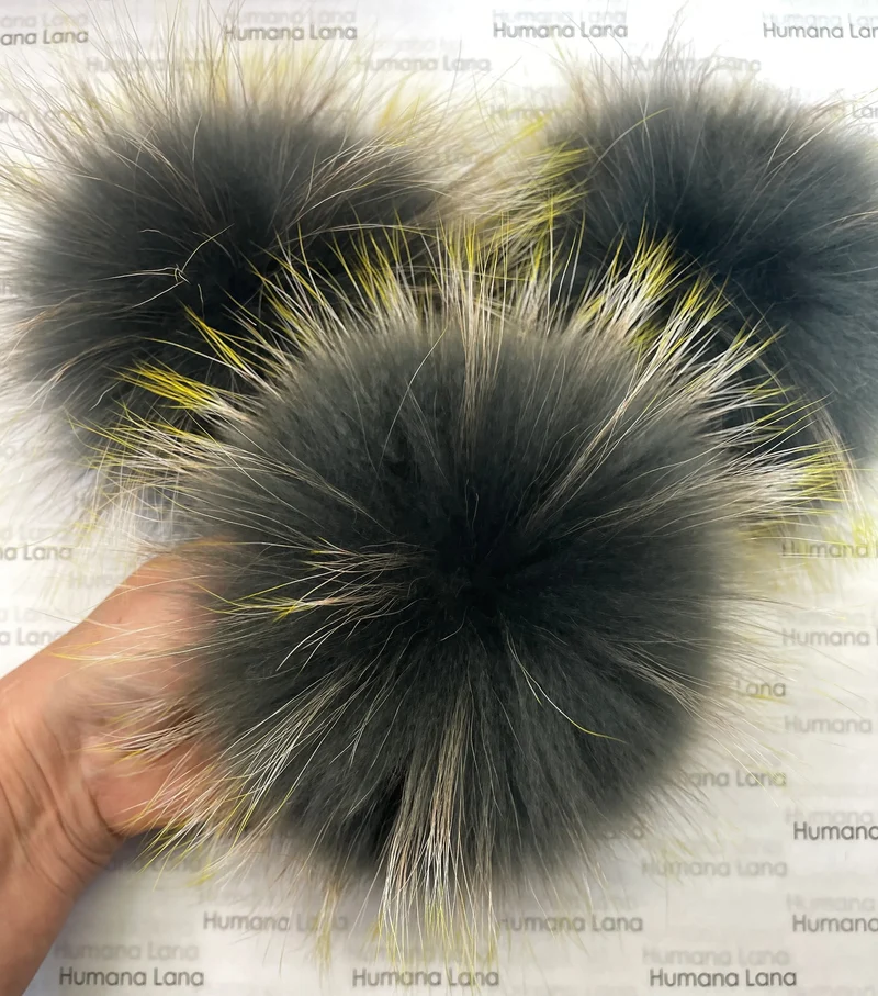 Gray fur pompom with yellow tips