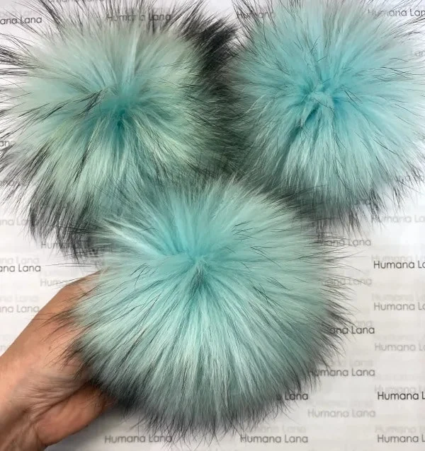 Aquamarine fur pompoms, 17cm to 18cm