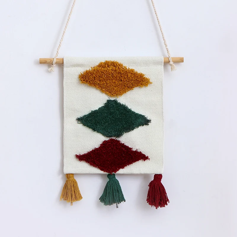 Mini-Wandteppich-Set im Boho‑Stil mit Relief‑Tufting und Holzstabhalterung