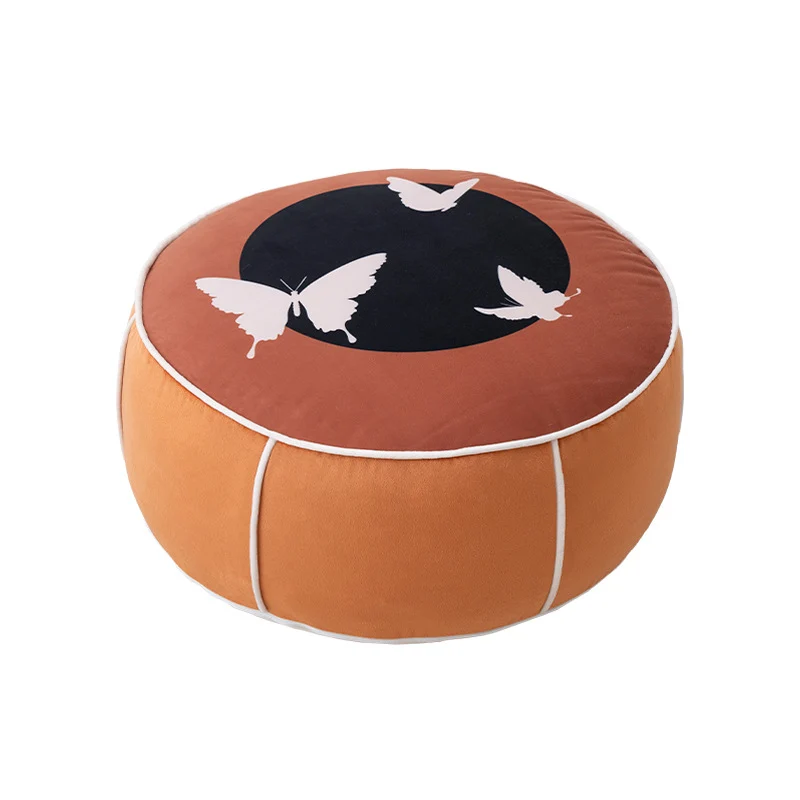 Runder Meditations- und Sitzpouf mit Orchideen-Print und dekorativer Paspelierung