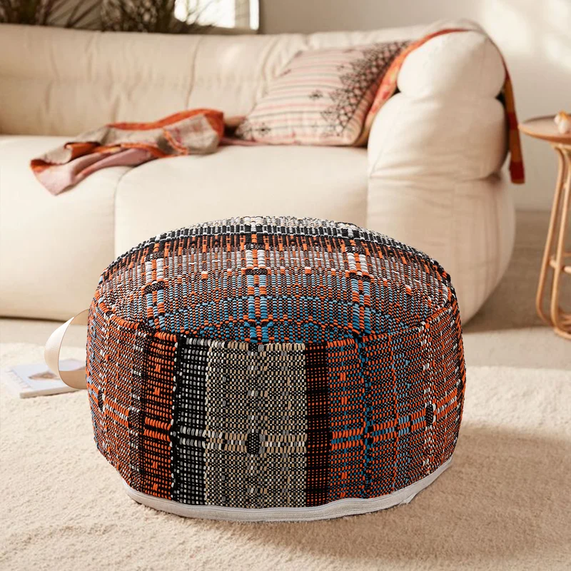Runder gewebter Pouf‑Sitzhocker mit Tragegriff und Canvas‑Boden