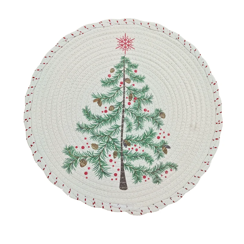 Runde weihnachtliche Baumdecke aus gewebtem Baumwollmischgewebe mit Rentier- und Tannenzweig-Motiv