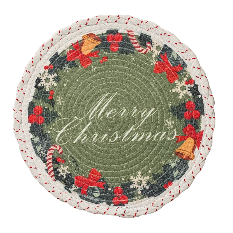 Runde weihnachtliche Baumdecke aus gewebtem Baumwollmischgewebe mit Rentier- und Tannenzweig-Motiv
