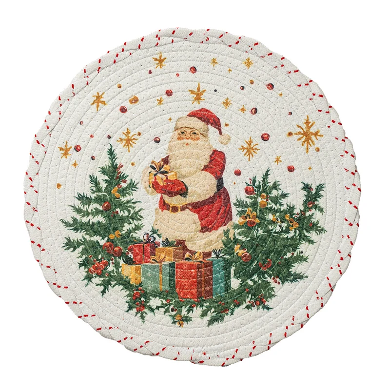 Runde weihnachtliche Baumdecke aus gewebtem Baumwollmischgewebe mit Rentier- und Tannenzweig-Motiv