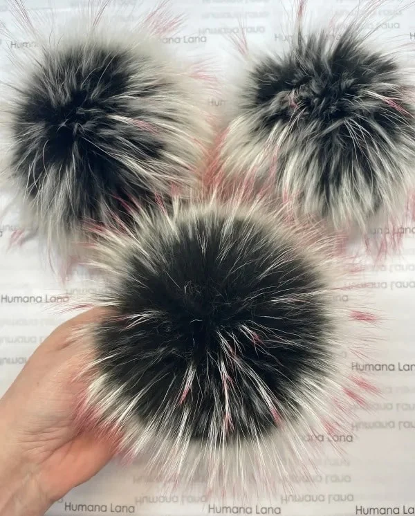 Dark brown fur pompom with white-pink tips, 19-20cm