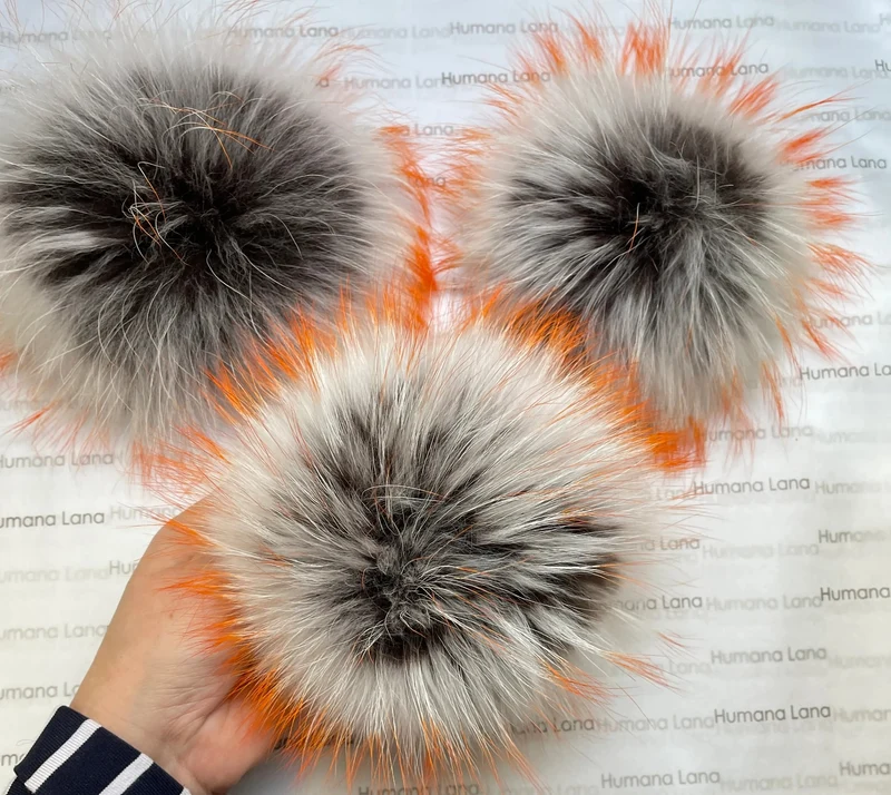 Brown fur pompom with orange tips, 19-20cm