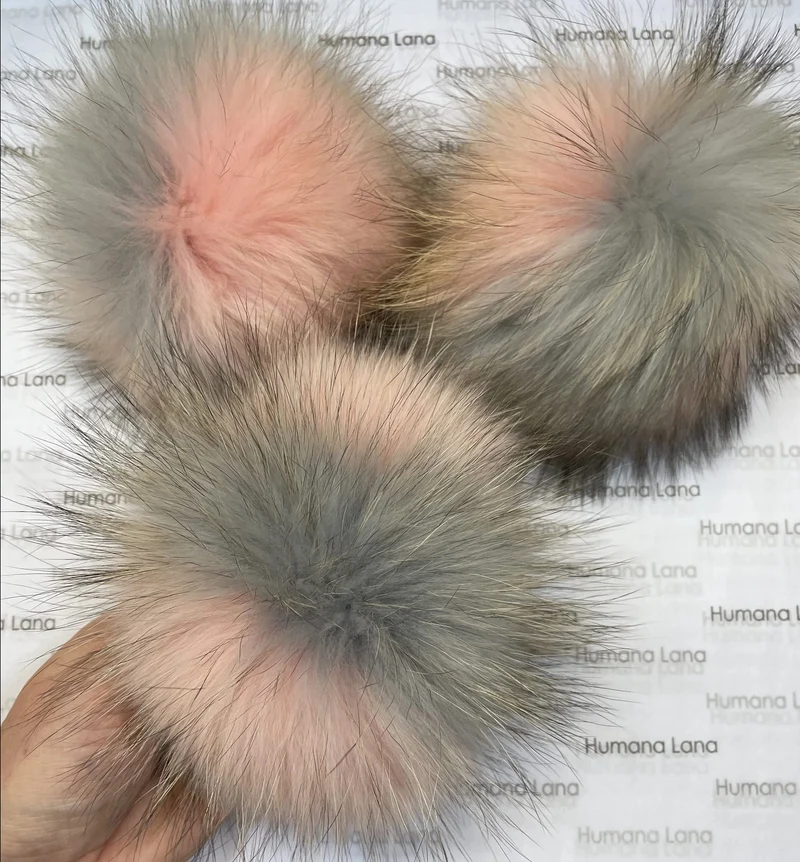 Pink and grey fur pompom, 17-20cm