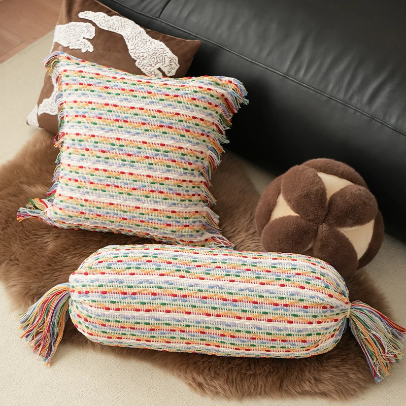 Boho-gewebtes Dekokissen-Set mit Zylinderrolle und quadratischem Fransenbezug