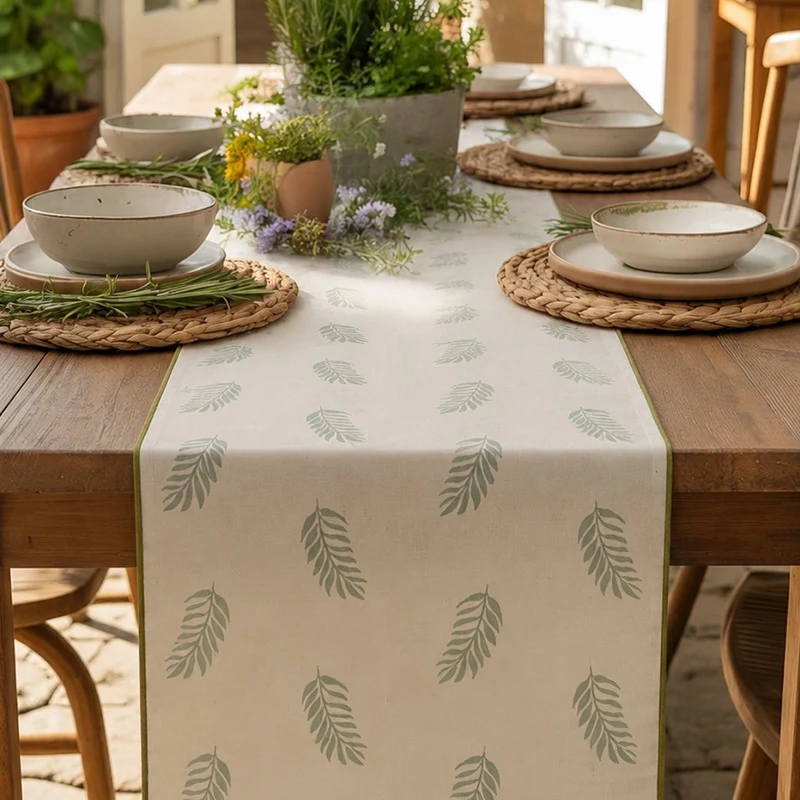 Gewebtes Tischläufer- und Tischset-Set aus Baumwoll‑Leinen mit botanischem Rankenmuster