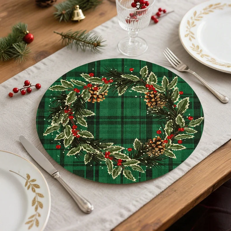 Rundes abwischbares Tischset mit weihnachtlichem Kranz- und Tartan‑Print