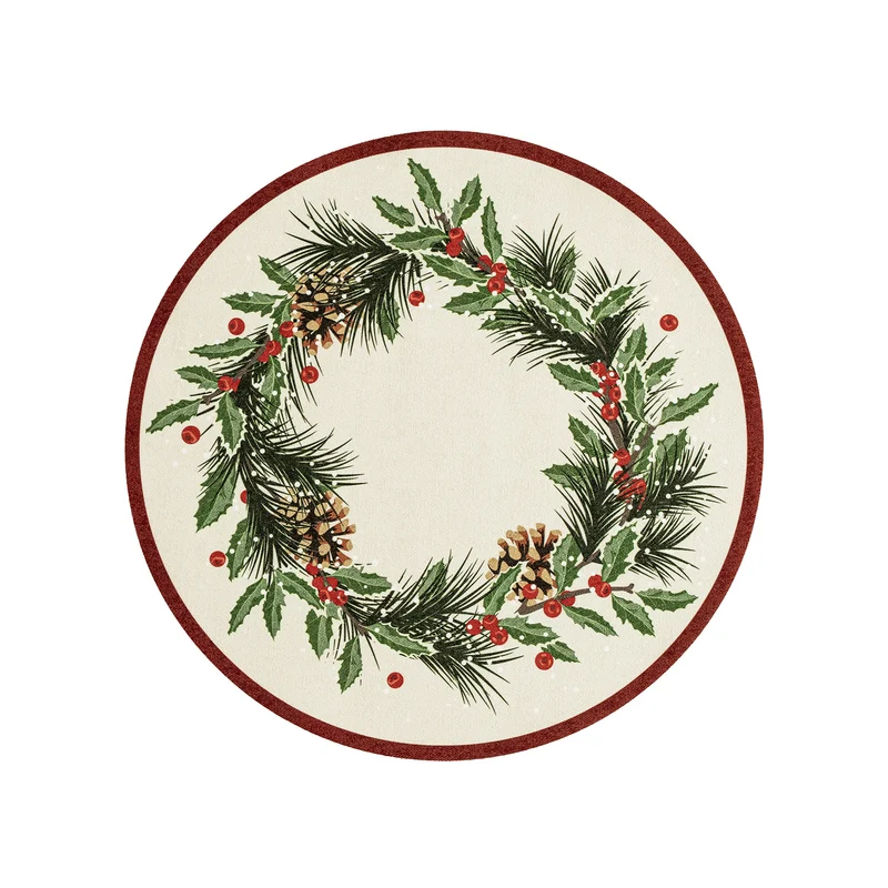 Rundes abwischbares Tischset mit weihnachtlichem Kranz- und Tartan‑Print