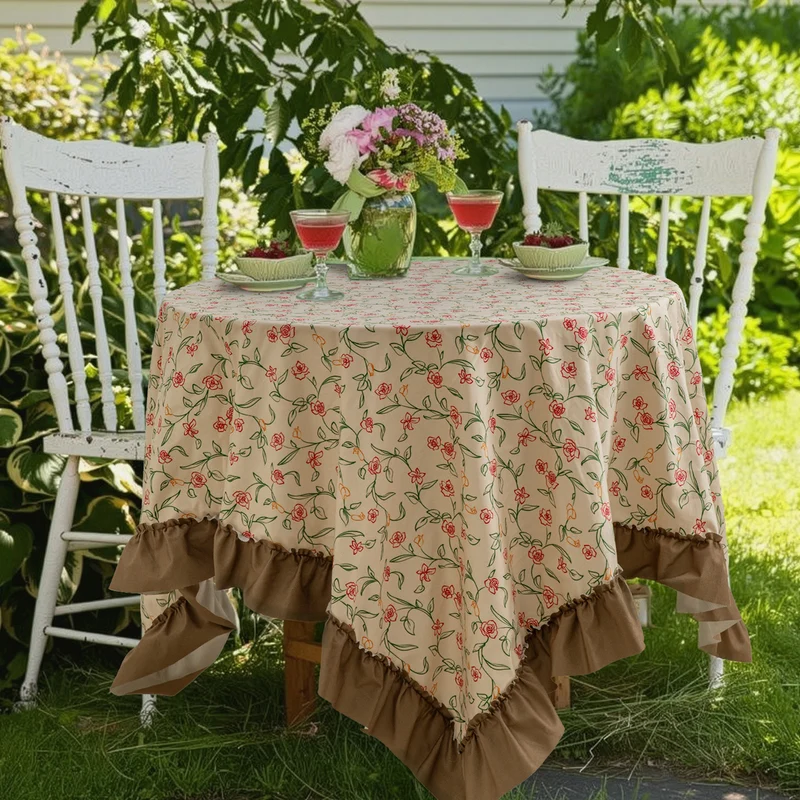 Rechteckige Tischdecke aus Baumwollmischgewebe mit feinem floralem Print und gerafftem Saum