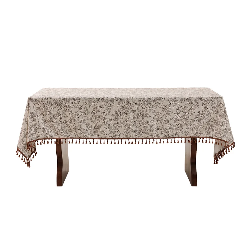 Rechteckige hochwertige Tischdecke aus Baumwoll‑Leinen mit handbedrucktem Blumenmuster und Quastenbordüre