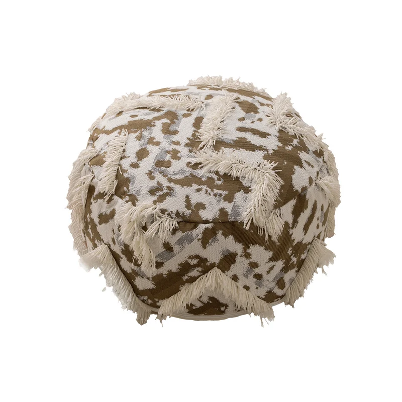 Runder gewebter Sitzpouf mit Boho‑Quasten und strukturierter Tuftoberfläche