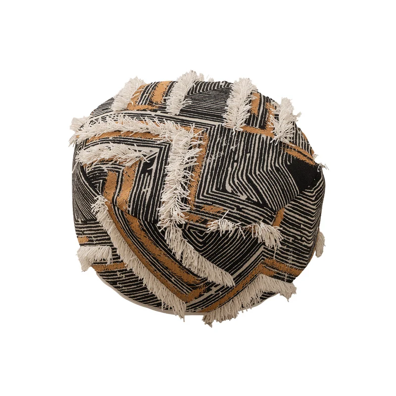 Runder gewebter Sitzpouf mit Boho‑Quasten und strukturierter Tuftoberfläche