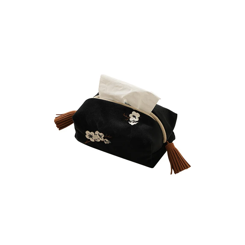 Elegante Samt-Taschentuchbox-Hülle mit Blumenstickerei und Quasten